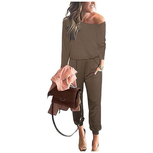 Women's Casual Long Sleeve Jumpsuit Crewneck One Off Shoulder Khaki